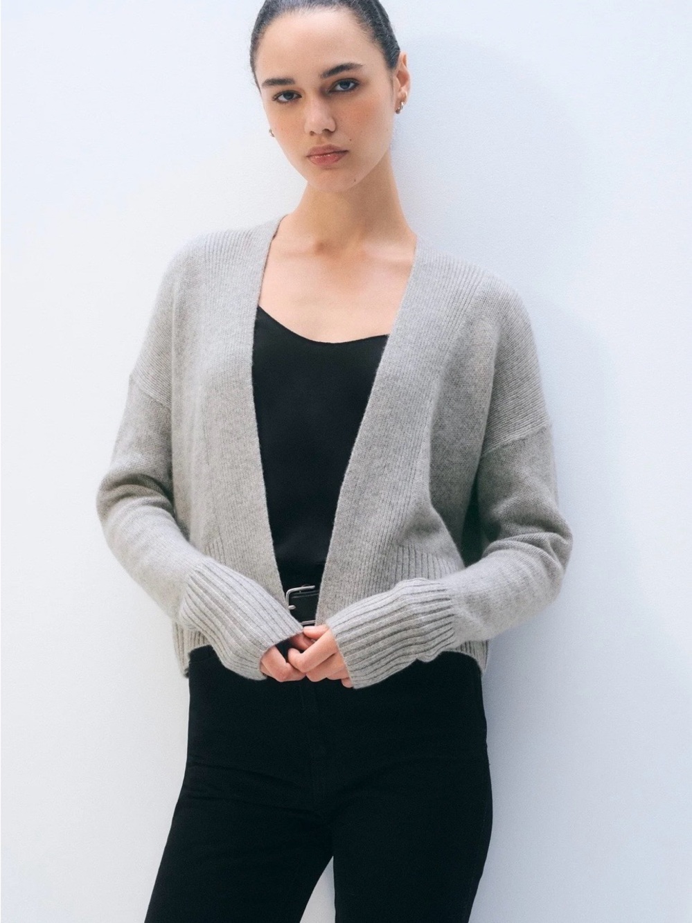 White + Warren Cashmere Beige Open Front V-Neck Cardigan Sweater size S